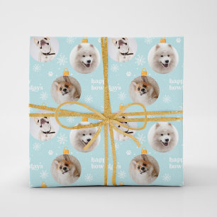 Modern Pet Photo Ornaments Custom Christmas Blue Wrapping Paper