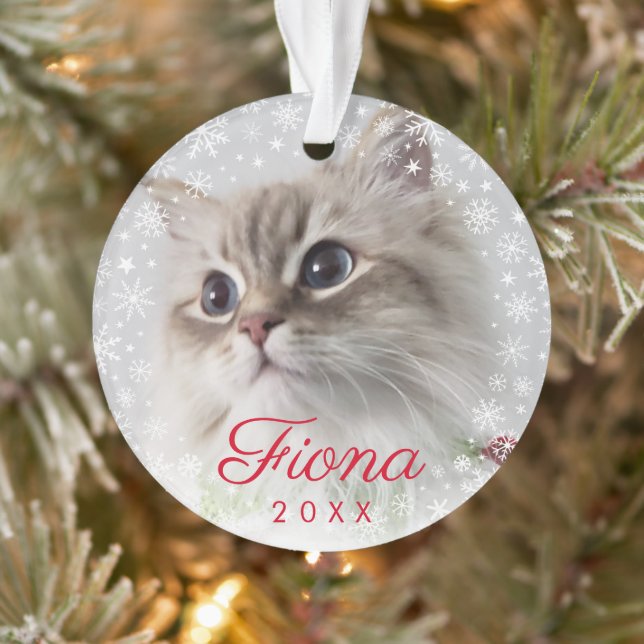 Modern Pet Photo Paw Print and Snowflake Frame Ornament (Tree)