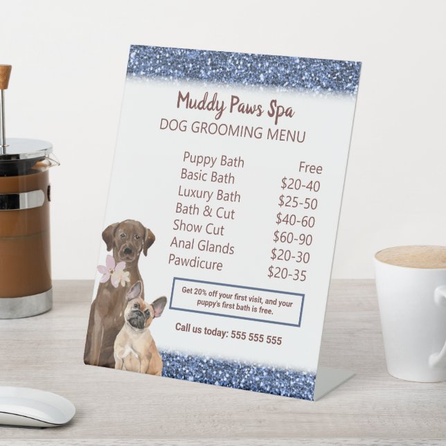 Modern Pet Spa Price List with Blue Glitter Design Pedestal Sign (In SItu)