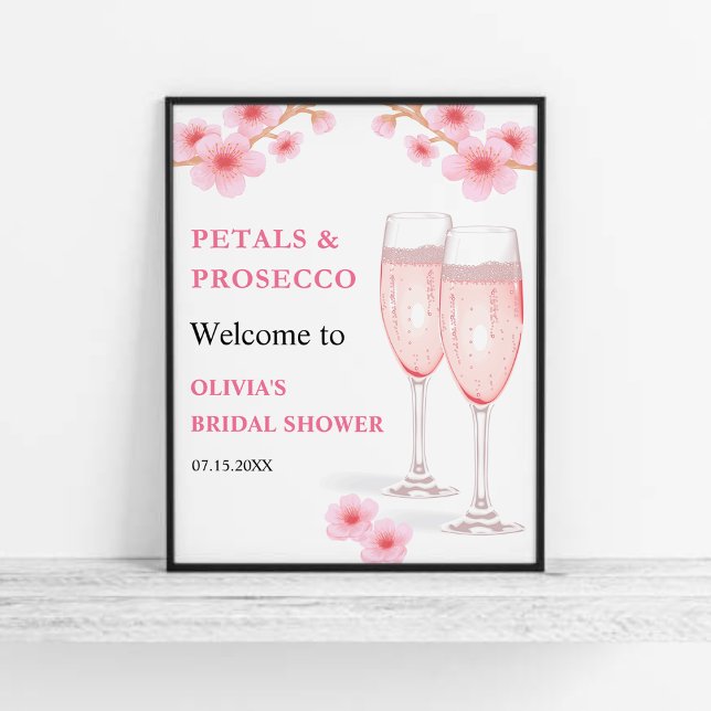 Modern Petals & Prosecco Bridal Shower Welcome Poster (Modern Petals & Prosecco Pink Watercolor Floral Bridal Shower Welcome Sign  )