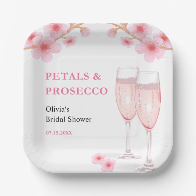 Modern Petals & Prosecco Pink Floral Bridal Shower Paper Plate (Front)