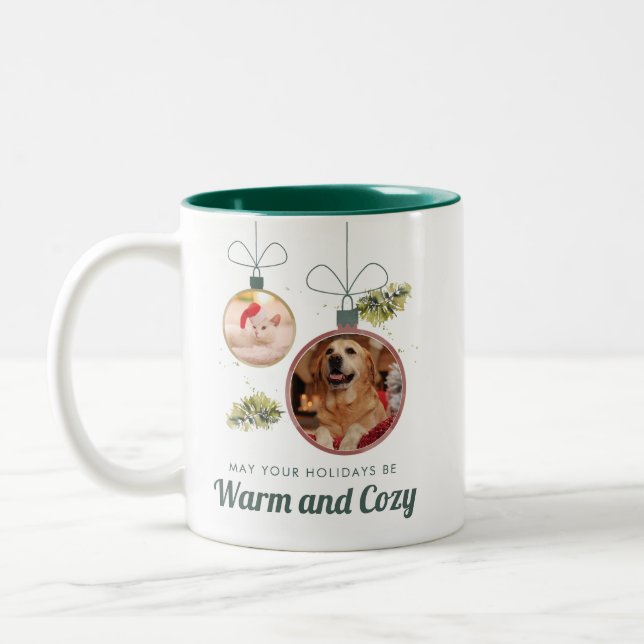 Modern Pets Photos Family Christmas Holiday Two-Tone Coffee Mug (Left)