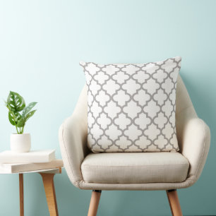 Modern Pewter Grey and White Quatrefoil Pattern Cushion