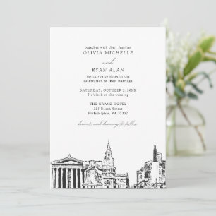 Modern Philadelphia Skyline Black & White Wedding Invitation