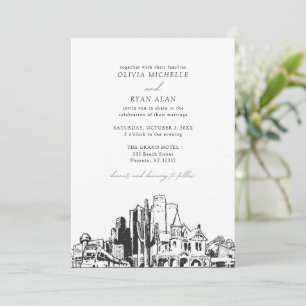 Modern Phoenix Skyline Black & White Wedding Invitation