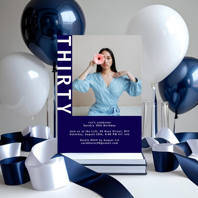 Modern Photo 30th Birthday Invitation – Navy blue (Creator Uploaded)