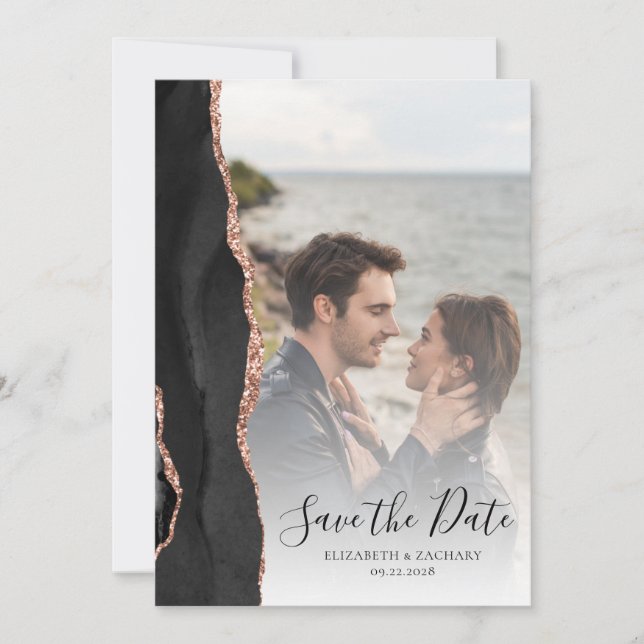 Modern Photo Agate Black Rose Gold Save the Date (Front)
