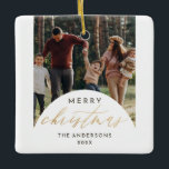 Modern Photo Arch Merry Christmas Gold Script Ceramic Ornament<br><div class="desc">Share the joy of the season with our Modern Photo Arch Merry Christmas Gold Script Ceramic Ornament. Featuring your family photo in centre place with an oval arch overlay adorned with the words "Merry Christmas" in faux gold foil script calligraphy. Personalise it with your family name and year in minimalist...</div>