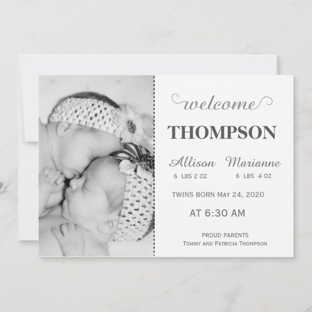 Modern Photo Baby Announcement Card (Twins) (Front)