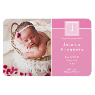 Modern Photo Baby Monogram Girl Birth Announcement Magnet