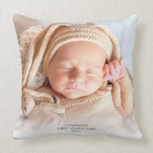 Modern Photo Baby's First Christmas Holiday Cushion
