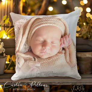 Modern Photo Baby's First Christmas Holiday Cushion