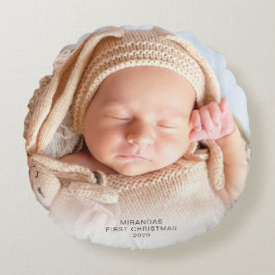 Modern Photo Baby's First Christmas Holiday Round Cushion