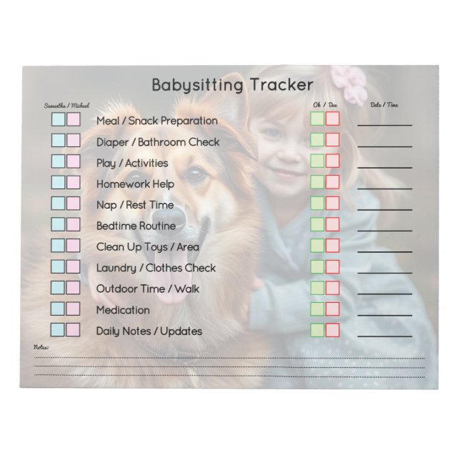 Modern Photo Babysitting Tracker Task Planner Notepad (Front)