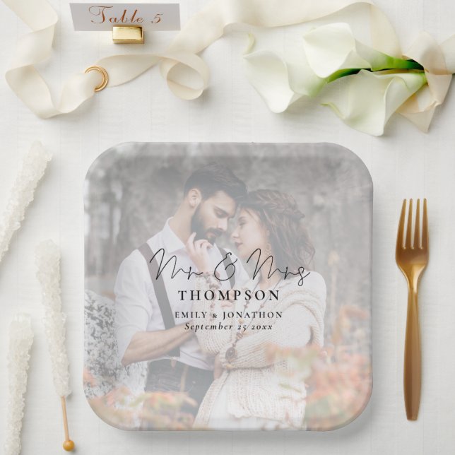 Modern Photo Background Mr Mrs Names Date Wedding  Paper Plate (Wedding)