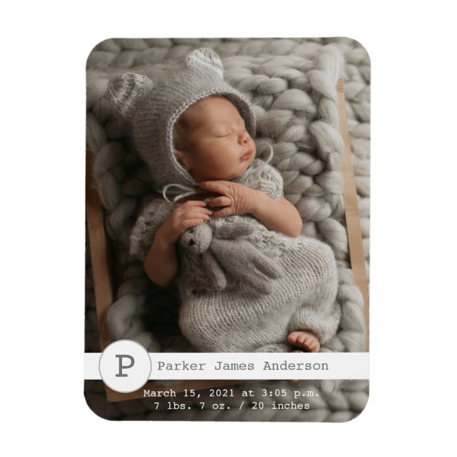Modern Photo Birth Announcement Monogram Magnet (Vertical)