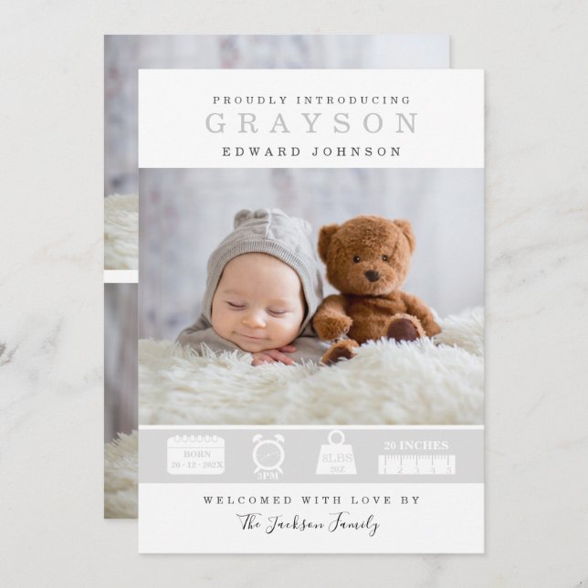 Modern Photo Birth Announcement With Stats Card (Front/Back)
