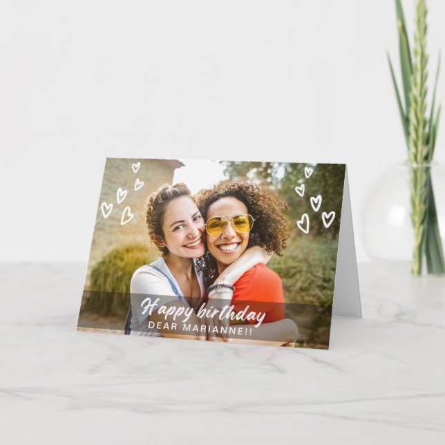 Modern photo birthday card with cute hearts (Front)