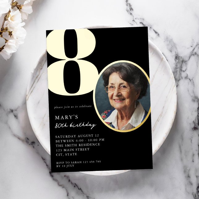 Modern Photo Black and Gold Elegant 80th Birthday (Creator Uploaded)