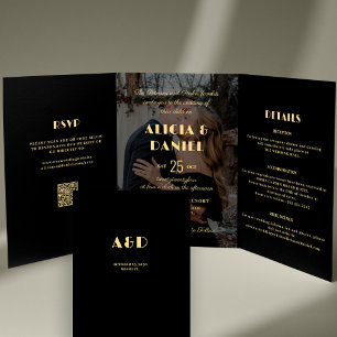Modern photo black and gold rsvp details wedding Tri-Fold invitation