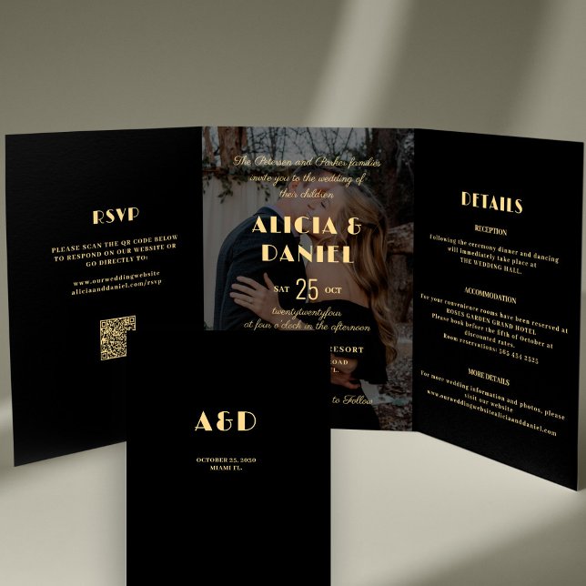 Modern photo black and gold rsvp details wedding Tri-Fold invitation (Creator Uploaded)