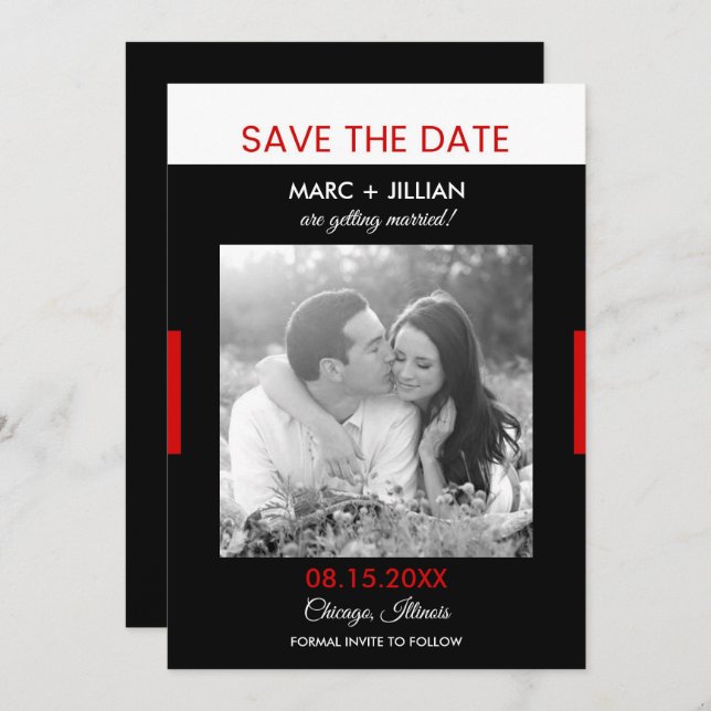 Modern Photo Black and Red Wedding Save the Date Invitation (Front/Back)