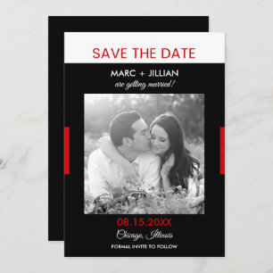 Modern Photo Black and Red Wedding Save the Date Invitation