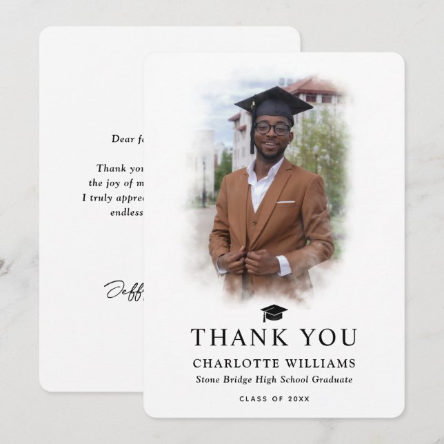 Modern Photo Black and White Graduation Thank You Card (Front/Back)