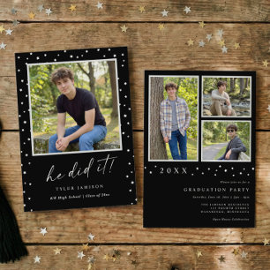 Modern Photo Black and White He Did It Graduation Invitation