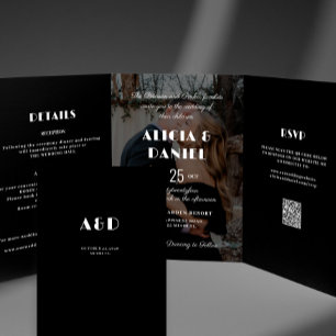 Modern photo black and white rsvp details wedding Tri-Fold invitation
