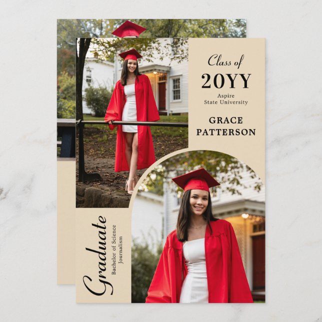Modern Photo Black Cream Graduation Announcement (Front/Back)