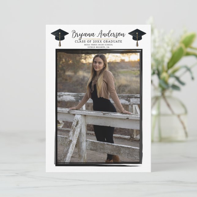 Modern Photo Black Frame Trendy Graduation Cap Invitation (Standing Front)