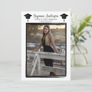 Modern Photo Black Frame Trendy Graduation Cap Invitation