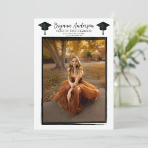 Modern Photo Black Frame Trendy Graduation Cap Invitation