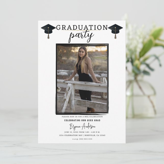 Modern Photo Black Frame Trendy Graduation Party Invitation (Standing Front)