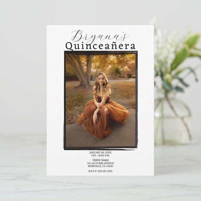 Modern Photo Black Frame Trendy Quinceañera Invitation (Standing Front)