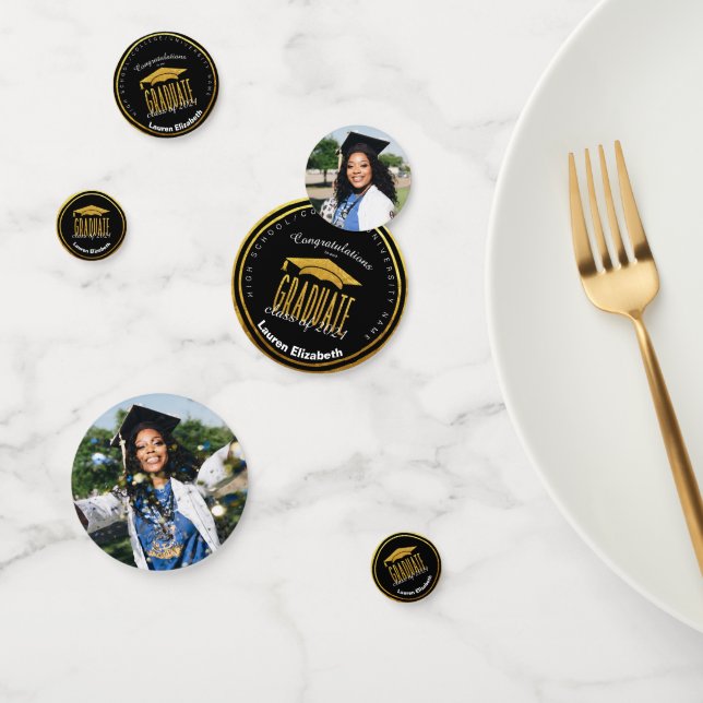 Modern Photo Black Gold Graduation Table Confetti (Group)