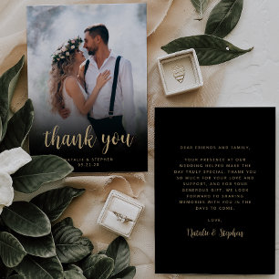 Modern Photo Black Gold Script Simple Wedding Thank You Card