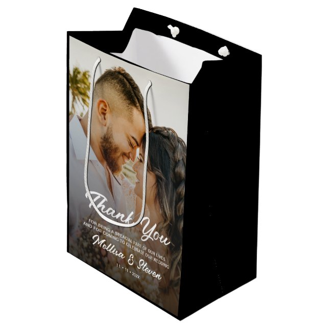 Modern Photo Black Wedding Thank You  Medium Gift Bag (Front Angled)