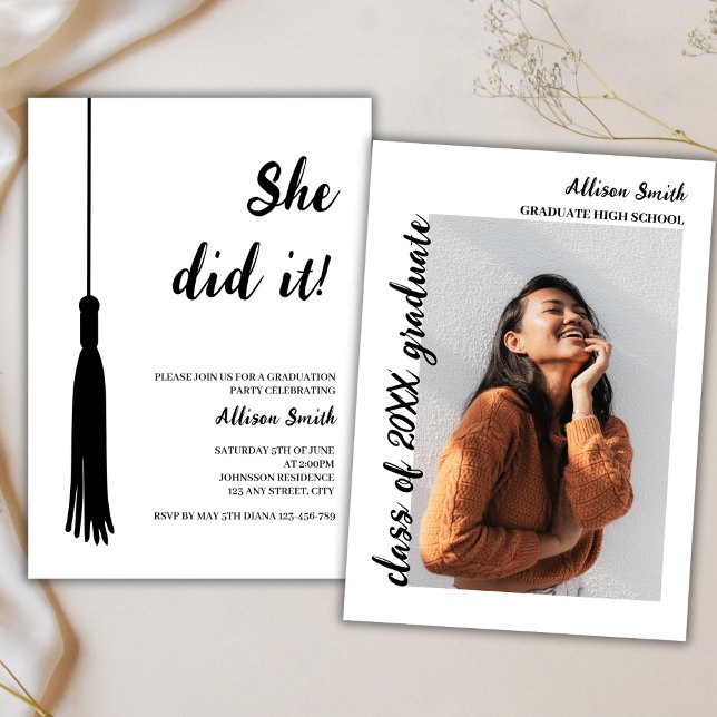 Modern Photo Black & White Grad Tassel Graduation Invitation (graduation party invitation class of 2024 photo minimalist elegant black and white grad tassel)
