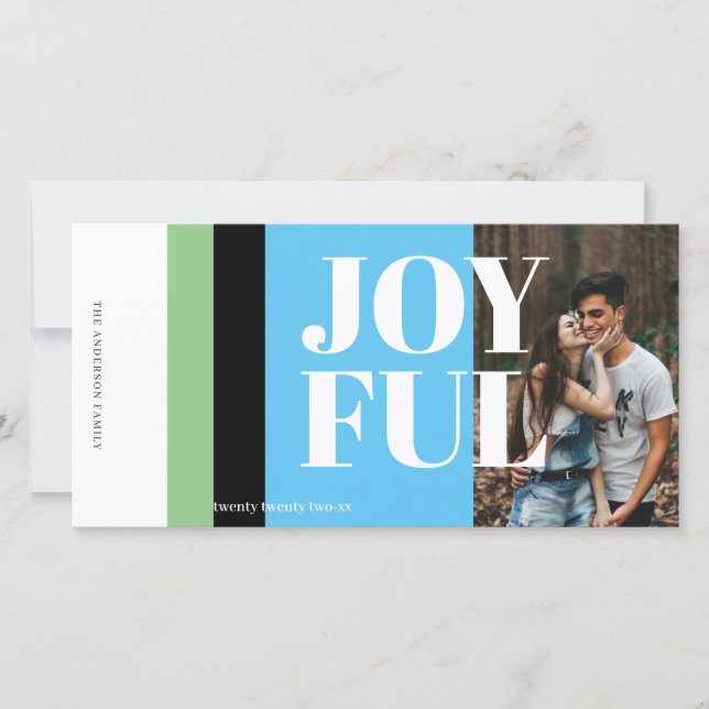Modern Photo Black White Red Gold Joyful Holiday Card (Front)
