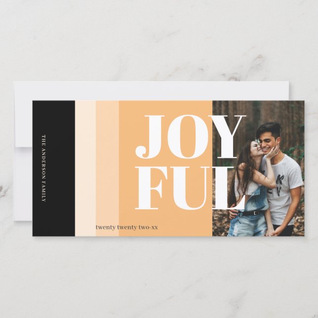 Modern Photo Black White Red Gold Joyful Holiday Card (Front)