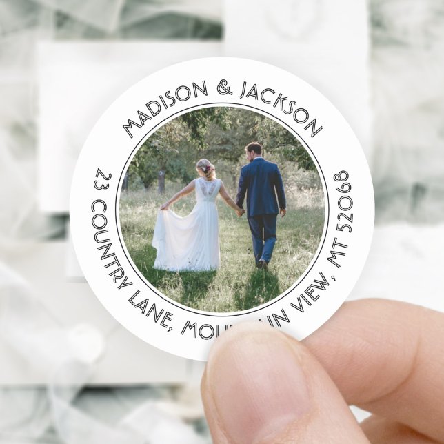 Modern Photo Black & White Return Address Wedding Classic Round Sticker (Creator Uploaded)