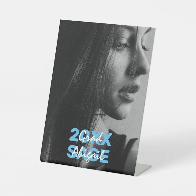 Modern Photo Blue and White Graduation Pedestal Sign (Front)