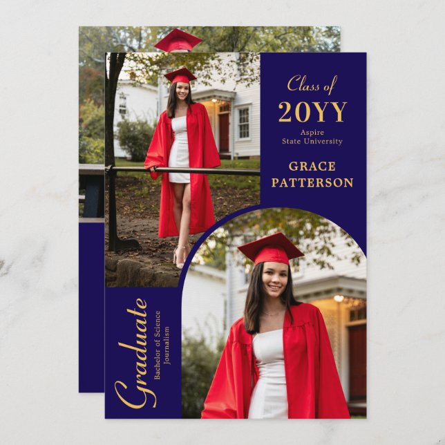 Modern Photo Blue Gold Graduation Announcement (Front/Back)