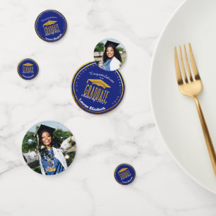 Modern Photo Blue Gold Graduation Table Confetti