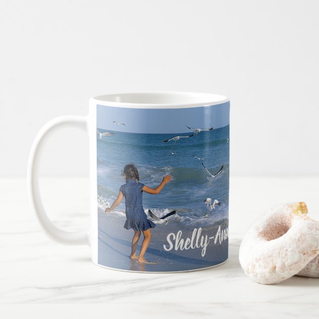 Modern Photo Blue Sea Beach Add Your Name Coffee Mug (With Donut)