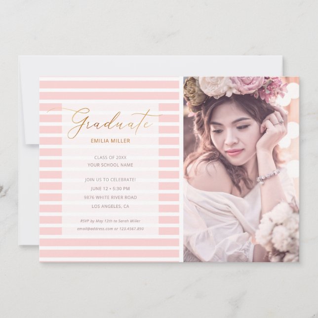 Modern Photo Blush Pink Stripes Graduation Invitation (Front)
