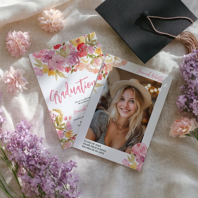 Modern photo Boho Pink Lavender floral graduation Announcement (Modern photo Boho Pink Lavender floral graduation Announcement)