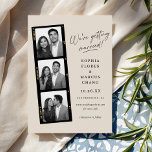 Modern Photo-booth Filmstrip Wedding Save The Date<br><div class="desc">This modern yet elegant save the date card features a filmstrip photo frame with 3 photos and a script greeting that says "We're getting married!" on the front. The look is modern and fun, yet still elegant. All background, script, and text colors are customizable. *If your photo is color and...</div>